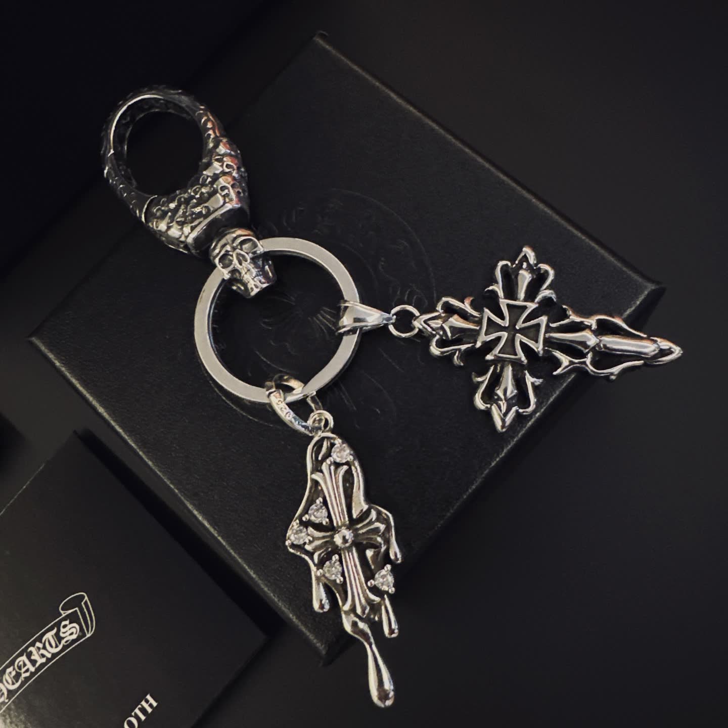 Chrome Hearts Silver Keychain with Skull and Cross Charms